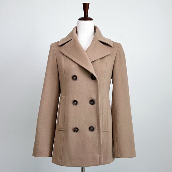 Fleurette Loro Piana Italian Wool Collar Tan Double-Breasted Pea Coat - Picture 1 of 8